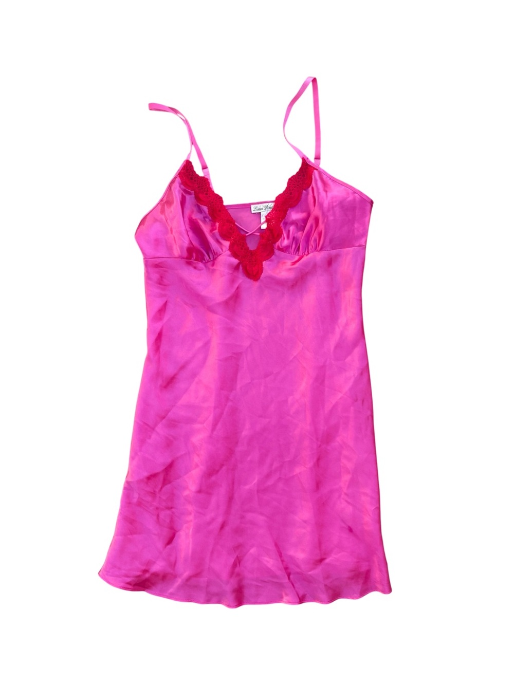 Linea Donatella Vintage Hot Pink Satin Chemise Slip Dress Red Lace Lingerie